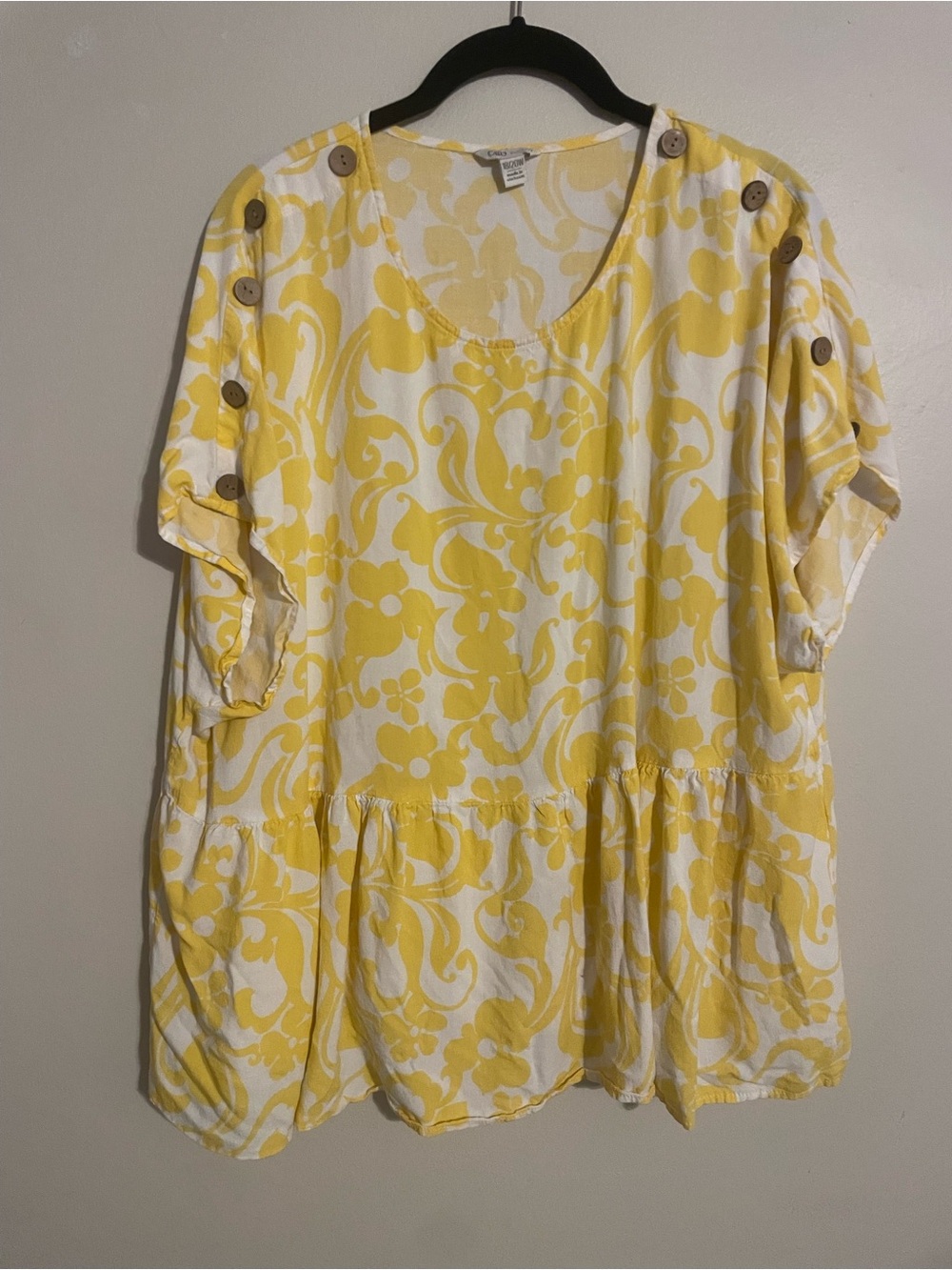 Cato Yellow and White Floral Button-Shoulder Peplum Top